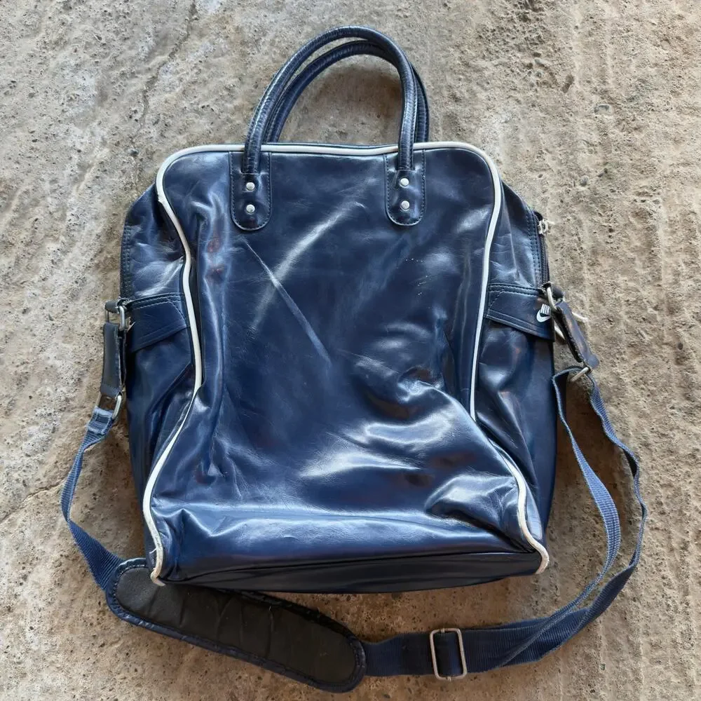 Vintage 1970s Nike Leather Faux Leather Blue Duffle Bag Travelite Logo Athletic